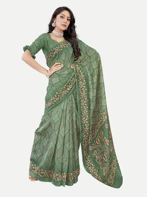 Exclusive Peacock Printed Green Chanderi Silk Blend Saree With Blouse Piece 2