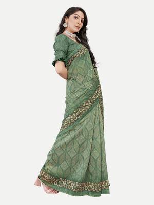 Exclusive Peacock Printed Green Chanderi Silk Blend Saree With Blouse Piece 3