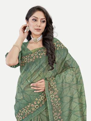 Exclusive Peacock Printed Green Chanderi Silk Blend Saree With Blouse Piece 4