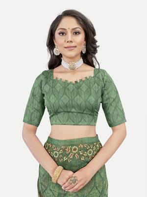 Exclusive Peacock Printed Green Chanderi Silk Blend Saree With Blouse Piece 5