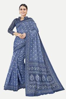 Exclusive Checked Printed Chanderi Silk Blue Saree With Blouse Piece