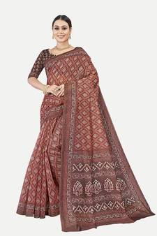 Exclusive Checked Printed Chanderi Silk Rust Saree With Blouse Piece