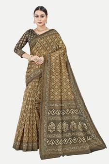 Exclusive Checked Printed Chanderi Silk Coffee Saree With Blouse Piece