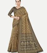 Exclusive Checked Printed Chanderi Silk Coffee Saree With Blouse Piece
