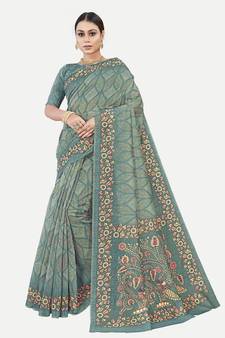 Floral Printed Excusive Chanderi Silk Teal Saree With Blouse Piece