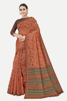 Floral Printed Excusive Chanderi Silk Rust Saree With Blouse Piece