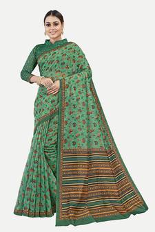Floral Printed Excusive Chanderi Silk Green  Saree With Blouse Piece