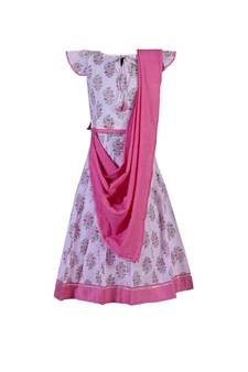  Girls Pink Block Print Lehenga with Dupatta