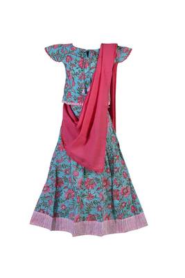 Shivangi Girls Green Block Print Lehenga with Dupatta 1