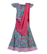 Shivangi Girls Green Block Print Lehenga with Dupatta