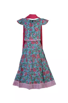 Shivangi Girls Green Block Print Lehenga with Dupatta