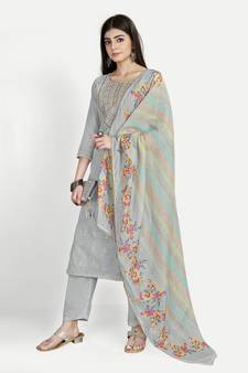 Grey Unstitched Embroidered Suit with Digital Print Dupatta by TAVAS for Ladies