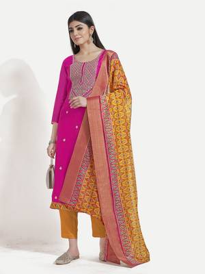 Women's Pink Unstitched Embroidered Suit by TAVAS with Solid Printed Dupatta. 1