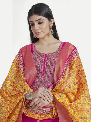 Women's Pink Unstitched Embroidered Suit by TAVAS with Solid Printed Dupatta. 3