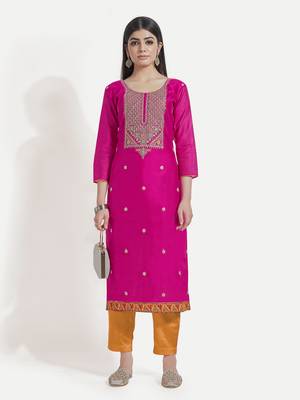 Women's Pink Unstitched Embroidered Suit by TAVAS with Solid Printed Dupatta. 4