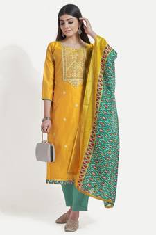 Women's Yellow Unstitched Embroidered Suit by TAVAS with Solid Printed Dupatta.