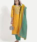 Women's Yellow Unstitched Embroidered Suit by TAVAS with Solid Printed Dupatta.