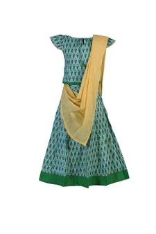  Girls Green Block Print Lehenga with Dupatta