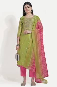 Women's Green Unstitched Embroidered Suit by TAVAS with Solid Printed Dupatta.