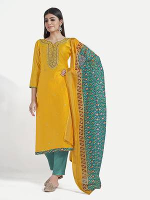 Chanderi Sequin Embroidered Turmeric Yellow Dress Material 1