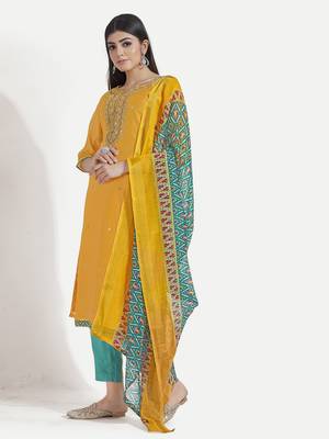 Chanderi Sequin Embroidered Turmeric Yellow Dress Material 2