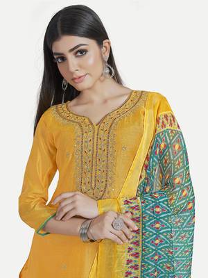 Chanderi Sequin Embroidered Turmeric Yellow Dress Material 3