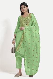 Women's Green Unstitched Embroidery Suit with Embroidery Work Self Dupatta