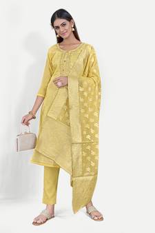 TAVAS Women's Yellow Jacquard Dress Materials With Embroidery Work