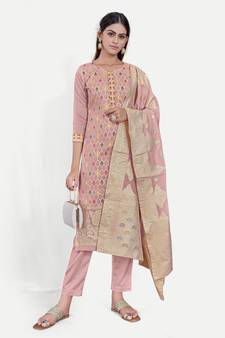 Peach - 2pc Unstitched Jacquard Dress Material with Jewellery Set 07