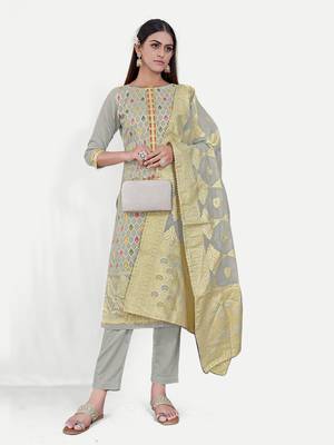 TAVAS Women's Grey Jacquard Dress Materials With Embroidery Work 1
