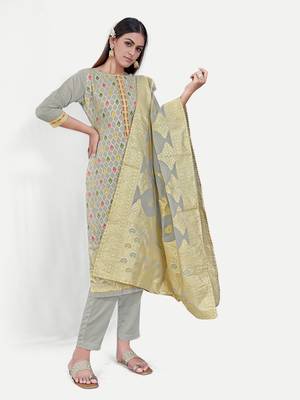 TAVAS Women's Grey Jacquard Dress Materials With Embroidery Work 2