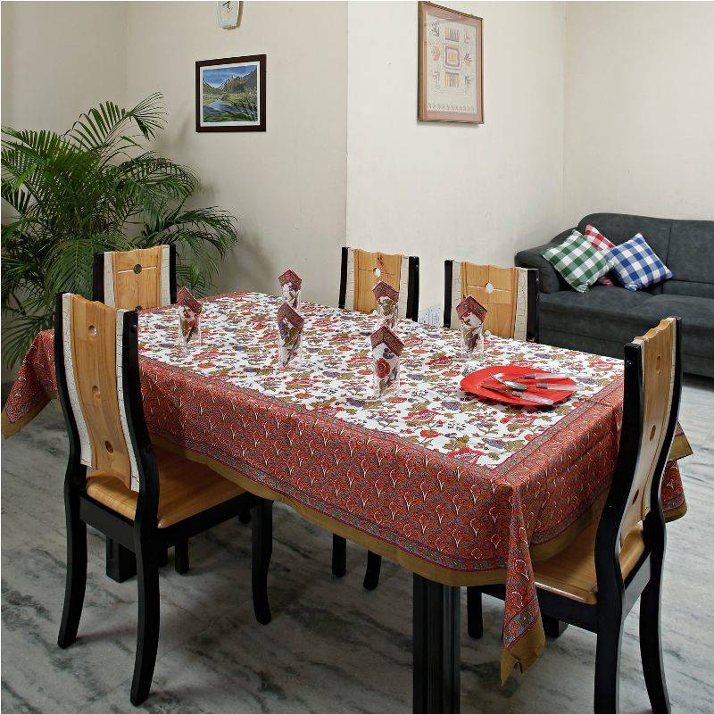 Bright Red And Blue Floral Gold Print Table Cover Set