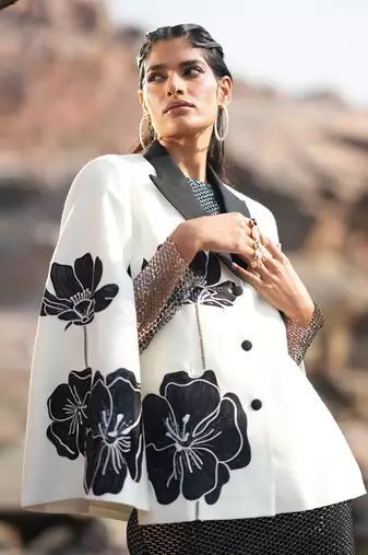 Floral White Embroidered Cape Style Jacket