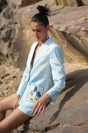 Check Blue With Pocket Embroidered Suit