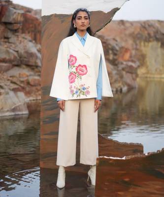 Pink Floral Hand Embroidered White Cape 1
