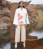 Pink Floral Hand Embroidered White Cape