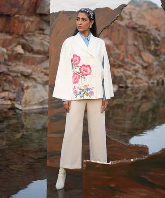 Pink Floral Hand Embroidered White Cape 2