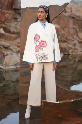 Pink Floral Hand Embroidered White Cape