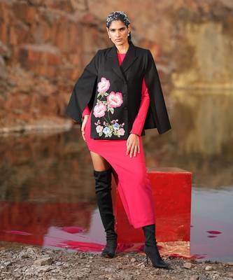 Pink Floral Hand Embroidered Black Cape 1