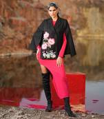 Pink Floral Hand Embroidered Black Cape