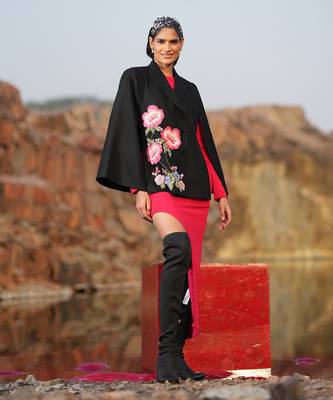 Pink Floral Hand Embroidered Black Cape 2