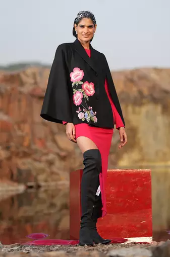 Pink Floral Hand Embroidered Black Cape