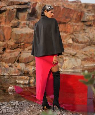 Pink Floral Hand Embroidered Black Cape 3