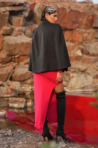 Pink Floral Hand Embroidered Black Cape