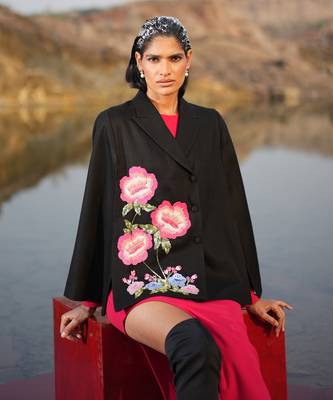 Pink Floral Hand Embroidered Black Cape 4