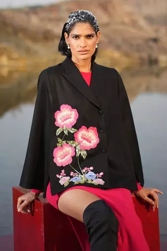 Pink Floral Hand Embroidered Black Cape