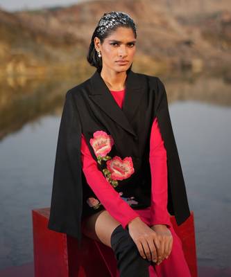 Pink Floral Hand Embroidered Black Cape 5