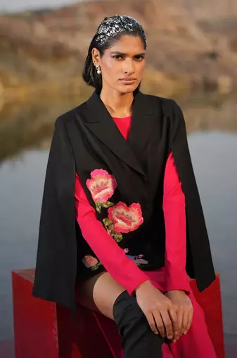 Pink Floral Hand Embroidered Black Cape