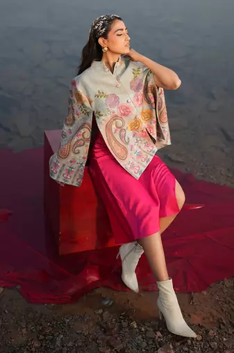 Floral Hues Blue Embroidered Cape