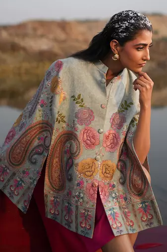 Floral Hues Blue Embroidered Cape